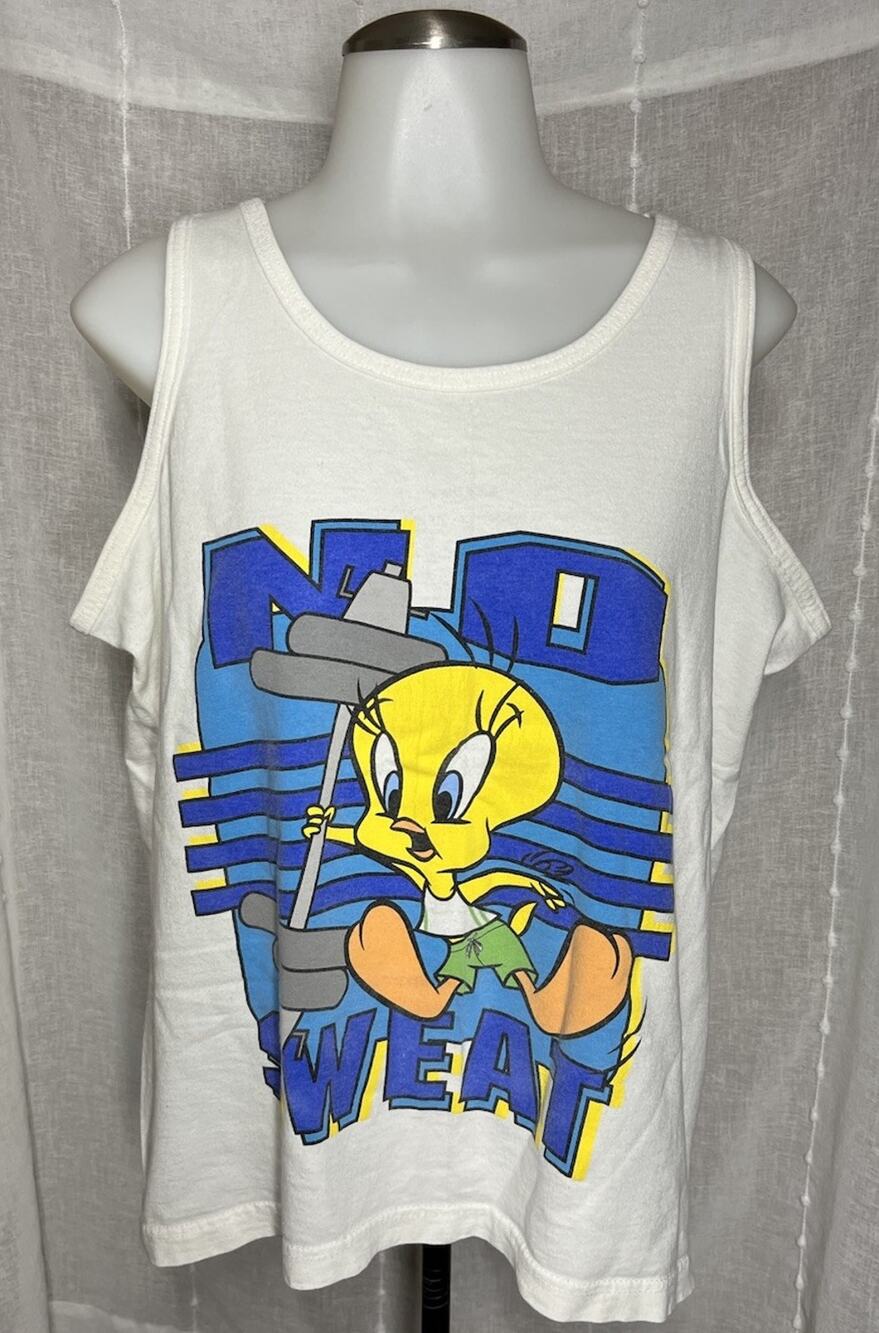 Vtg 1990s Looney Tunes Tweety Bird “No Sweat” Graphic Muscle Shirt – White Med